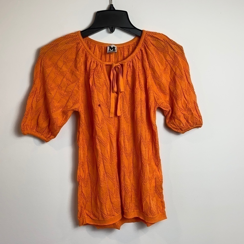 M by MISSONI Women's 38 XS Orange Tie Front Short Sleeve Top FLAW